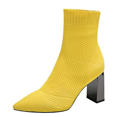 Modische, atmungsaktive, mehrfarbige, gestrickte Mesh-Stiefel für Damen mit dicken, kurzen Stiefeln mit hohem Absatz Strick (Yellow, 37) von Generisch