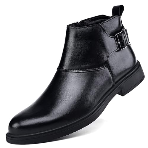 Modische Chelsea-Stiefel für Herren, lässig, wasserdicht, Leder, elegante Stiefel, formelle Business-Stiefeletten mit verstellbarer Schnalle, Schwarz , 42 2/3 EU von Generisch