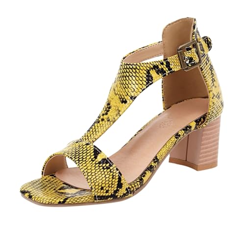 Modische Damen-Sandalen hochwertigem Schlangenleder mit offenem Zehenbereich eleganter T-förmiger Schnalle für stilvolle Auftritte (Yellow, 37) von Generisch