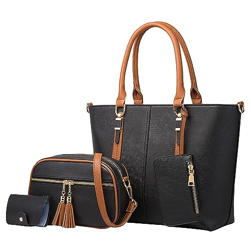 Modische Damen-Schultertasche aus Leder, vier Schultertaschen, Geldbörse, tragbare Umhängetasche, Designer-Handtaschen für Damen, Schwarz , Einheitsgröße von Generisch