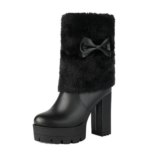 Modische Damen-Stiefeletten mit Kunstfellbesatz, runder Zehenbereich, klobiger Absatz, Reißverschluss, warme Schneestiefel, Schwarz , 39.5 EU von Generisch