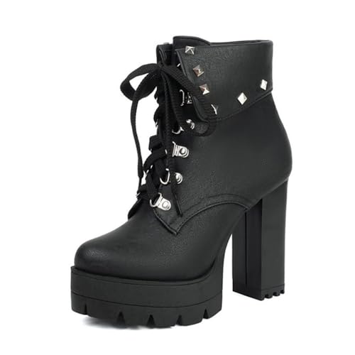 Modische Damen-Stiefeletten mit Nieten, Plateau-Schnürung, runder Zehenbereich, Blockabsatz, Punk, Gothic-Schuhe, Schwarz , 39 EU von Generisch