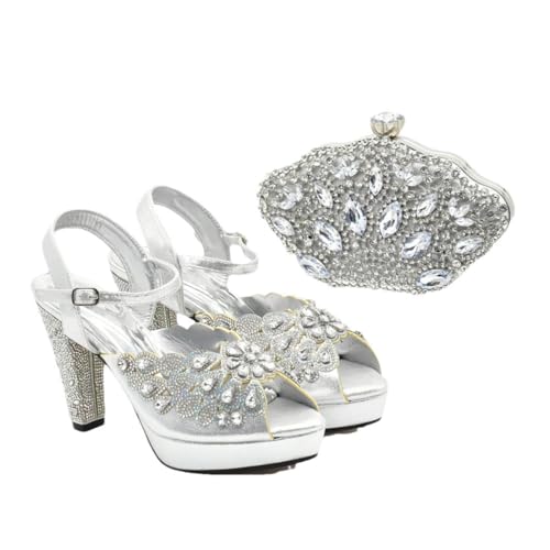 Modische Damenschuhe mit spitzem Zehenbereich und dimensionaler Clutch, Set für Party oder Alltag, silber, 41 EU von Generisch