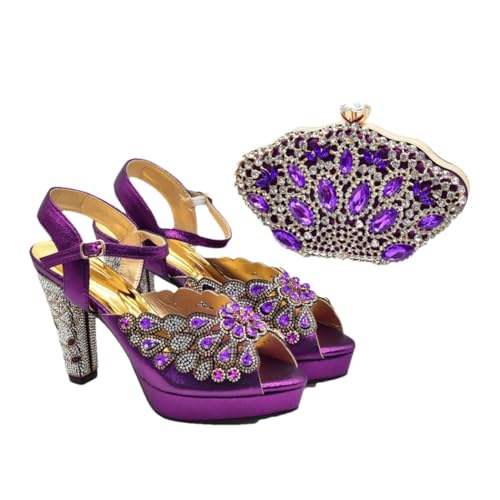 Modische Damenschuhe mit spitzem Zehenbereich und dimensionaler Clutch, Set für Party oder Alltag, violett, 41 EU von Generisch
