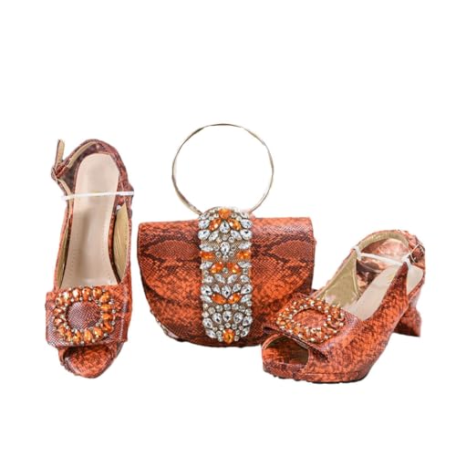 Modische Damenschuhe und Strass-Handtaschen-Set, italienischer Stil, Hochzeits-Party-Zubehör, Orange, 43.5 EU von Generisch