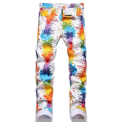 Modische Farbkontrast Schmale Jeans Hose Herren Digital Bedruckt Patchwork Gerade Bein Herrenhose Stretch Outdoor Midi Waist Elastische Freizeithose Bunt Relaxhose Hip Hop Streetware (Pink, M) von Generisch