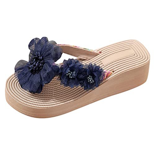 Modische Flip-Flops für Damen, Hausschuhe, Sommer, neues Muster, modische Blumendekoration, rutschfester Keilabsatz, großer Flip-Flop für drinnen und draußen, Urlaub, Sommer, Beruf, dunkelblau, 39.5 von Generisch