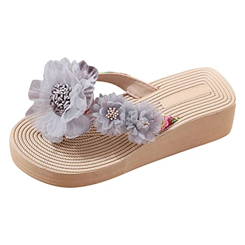 Modische Flip-Flops für Damen, Hausschuhe, Sommer, neues Muster, modische Blumendekoration, rutschfester Keilabsatz, großer Flip-Flop für drinnen und draußen, Urlaub, Sommer, Beruf, grau, 37.5 EU von Generisch