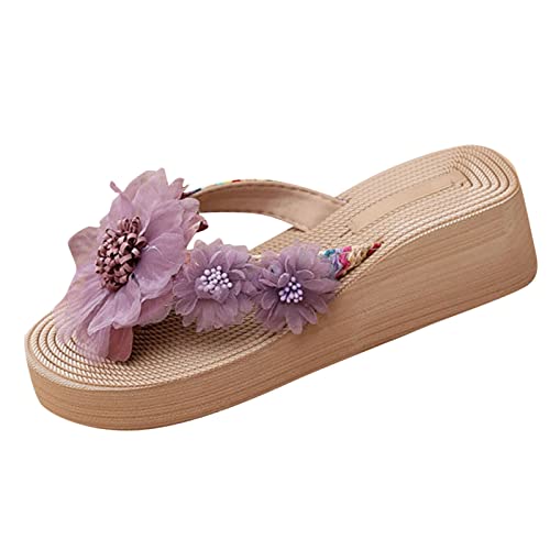 Modische Flip-Flops für Damen, Hausschuhe, Sommer, neues Muster, modische Blumendekoration, rutschfester Keilabsatz, großer Flip-Flop für drinnen und draußen, Urlaub, Sommer, Beruf, violett, 39.5 EU von Generisch