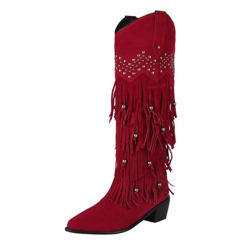 Modische Frauen Stiefel für den Winter Mittlere Wadenhöhe Bequeme Stylische Boots mit Quasten Dicken Absätzen für Alltag Freizeit (Red, 42) von Generisch