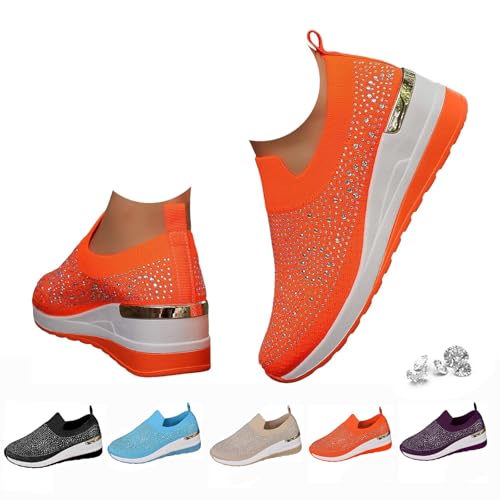 Modische Glitzer-Sneaker für Damen, Plateau-Keilschuhe, glitzernde Strasssteine, Netzstoff, Slip-On-Sneaker, Damen-Sneaker, atmungsaktiv, orthopädische Wanderschuhe, modisch, gestrickt, Bling-Loafer von Generisch