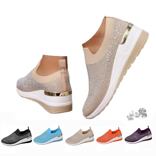 Modische Glitzer-Sneaker für Damen, Plateau-Keilschuhe, glitzernde Strasssteine, Netzstoff, Slip-On-Sneaker, Damen-Sneaker, atmungsaktiv, orthopädische Wanderschuhe, modisch, gestrickt, Bling-Loafer Modische Glitzer-Sneaker für Damen, Plateau-Keilschuhe, glitzernde Strasssteine, Netzstoff, Slip-On-Sneaker, Damen-Sneaker, atmungsaktiv, orthopädische Wanderschuhe, modisch, gestrickt, Bling-Loafer von Generisch