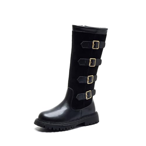 Modische Mädchen Winterstiefel wadenlang mit Kunstfellfutter warme Schuhe rutschfeste Sohle bequeme Booties für Kleinkinder Jugendliche (Black, 30) von Generisch