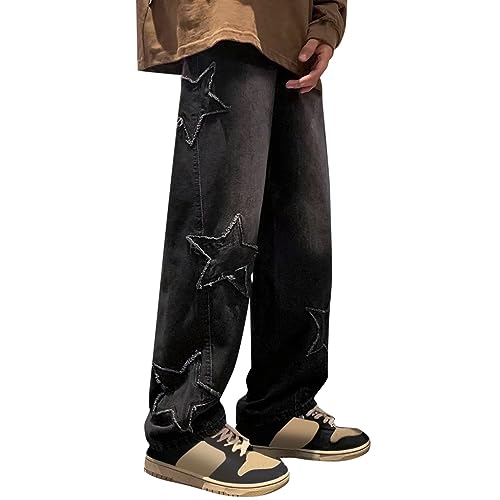 Modische Retro Fünfzackigen Stern Bedruck High Waist Jeans Mit Hohe Taille Jeanshose Damen Taschen Stretch Freizeit Hose Locker Elegant Relaxhose Outdoor Bequem Jeanshosen Freizeithose (Black, M) von Generisch