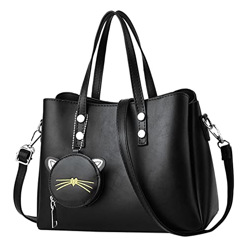 Modische Schultertasche für Damen, Ledertasche, Handtaschen + Katzenanhänger, Handtaschenaufhänger, Schwarz , Einheitsgröße von Generisch