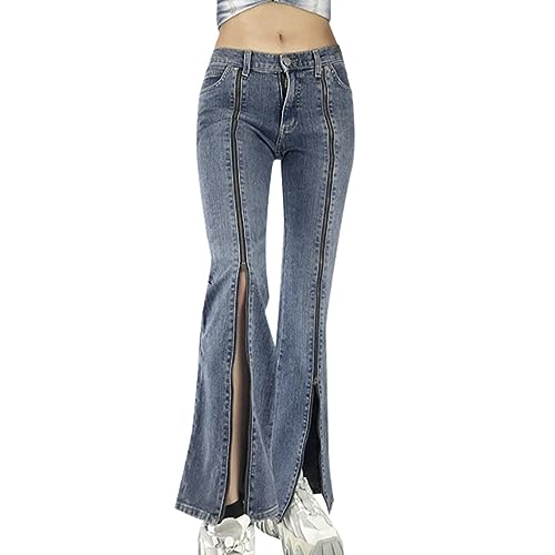 Modische Slim Jeanshose Mit Reißverschluss Und Schlitz Hohe Taille Hellblau Damen High Waist Jeans Taschen Stretch Freizeit Hose Locker Elegant Relaxhose Outdoor Bequem Jeanshosen (Light Blue, L) von Generisch