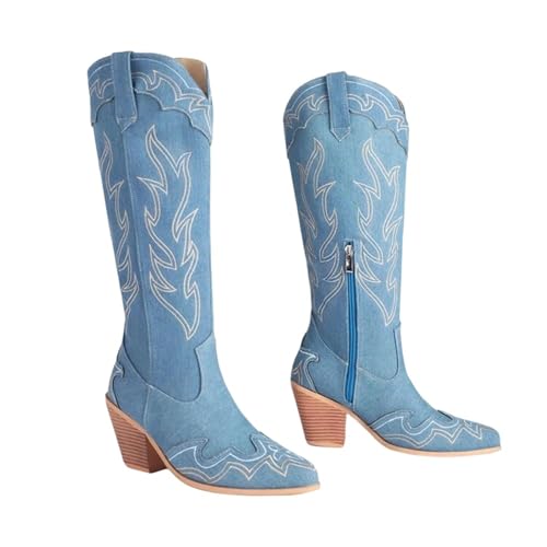 Modische kniehohe Damenstiefel im Western-Stil mit spitzem Zehenbereich, Blockabsatz und aufwendigen Stickereien mit seitlichem Reißverschluss, himmelblau, 38 EU von Generisch