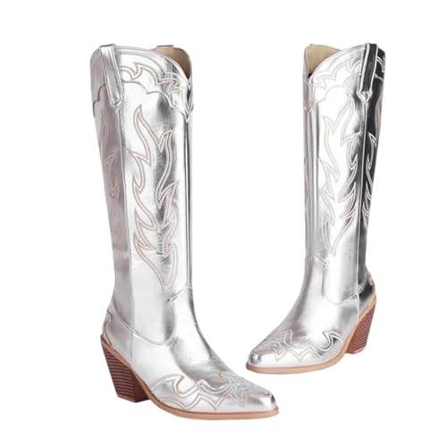 Modische kniehohe Damenstiefel im Western-Stil mit spitzem Zehenbereich, Blockabsatz und aufwendigen Stickereien mit seitlichem Reißverschluss, silber, 44 EU von Generisch