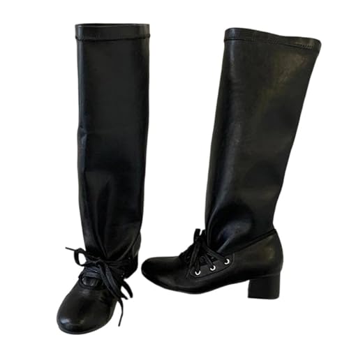 Modische kniehohe Damenstiefel mit Designer-Spleiß-Detail und Schnürung vorne mit runder Zehenpartie und bequemem, mittelhohem quadratischem Absatz für ganztägigen Gebrauch, Schwarz , 40 EU von Generisch
