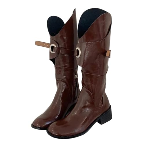 Modische kniehohe Damenstiefel mit Gürtelschnalle und runder Zehenpartie mit Reißverschluss und mittelhohem quadratischem Absatz für praktische Mode, weinrot, 39 EU von Generisch
