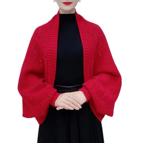Modischer, ausgehöhlter Strickschalmantel, weicher Strickschal und Wickelschal mit Ärmeln für Damen (Bright Red,one_size) von Generisch