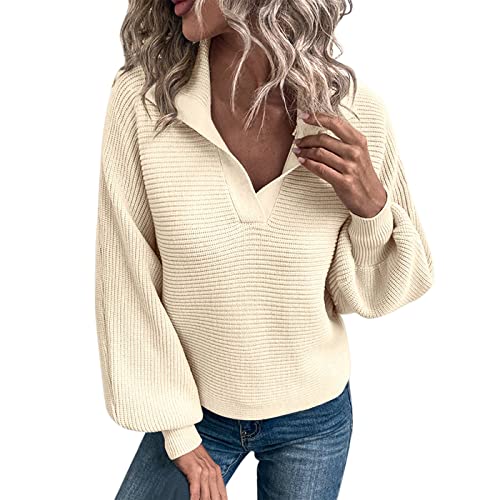 Modischer Damen V-Ausschnitt Puffärmel Strickpullover Langarm Pullover Langarm Winter Strickshirt Casual Bluse Tops Leichte Langärm Pullover Casual Warm Oberteil Elegant Tops Sweater Pulli (Beige, L) von Generisch