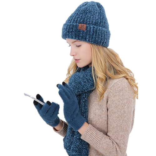 Modisches, einfarbiges Damen-Set, Beanie, Thermo-Handschuhe, niedlich, weich, kältebeständig, bequem, elastisch, für den Winter, 30, Baumwolle, Kein Edelstein von Generisch