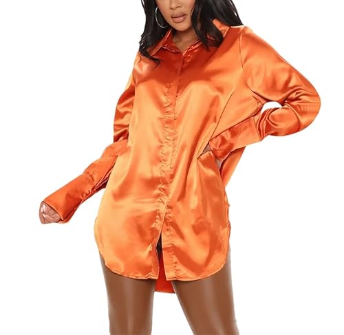 Modisches, lässiges Satin-Hemd für Damen, locker, langärmelig, Seidenbluse, Revers, elegante Bürohemden, Orange, X-Large Modisches, lässiges Satin-Hemd für Damen, locker, langärmelig, Seidenbluse, Revers, elegante Bürohemden, Orange, X-Large von Generisch
