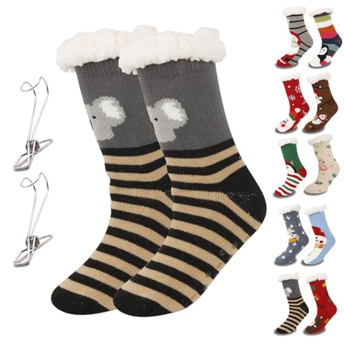 Mooddairy Cute Animal Ultra-Thick Slipper Home Socks, Christmas Fuzzy Slipper Socks for Women,Grippers Non Slip Soft Cozy (K,One Size) von Generisch