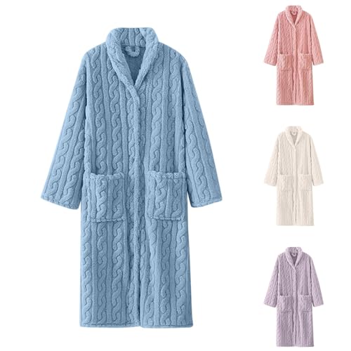 Morgenmantel Damen Langarm Bademantel Damen Frottee Lang Ohne Kapuze Hausmantel Winter Pyjama Warm Saunamantel Kuschelig Loungewear Flannel Homewear Mit Taschen Schlafanzug Mit Knöpfen Nachtwäsche von Generisch