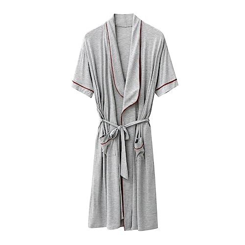 Morgenmantel Pyjama Herren Sommer Langes Männliches Freizeit-Nachthemd, einfarbig, Homewear, Kurze Ärmel, halbe Taille, Krawatten-Robe Herren Sommerpyjamas Große Größen (Grey, XXXL) von Generisch