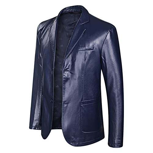 Moto Blazer aus Kunstleder für Herren Klassische, Lässige Slim Fit Jacke aus PU Leder Stilvoller Motorrad Sportmantel mit 2 Knöpfen am Revers (Dunkelblau,195) von Generisch