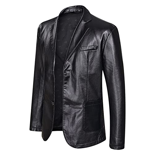 Moto Blazer aus Kunstleder für Herren Klassische, Lässige Slim Fit Jacke aus PU Leder Stilvoller Motorrad Sportmantel mit 2 Knöpfen am Revers (Schwarz,170) von Generisch