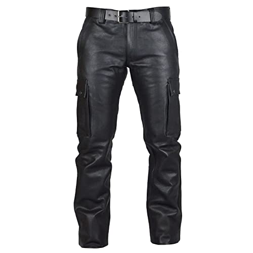 Motorradhose Herren Leder Schwarz, Lederhose Herren Lang Schwarz, Arbeitshose Stretch Cargo Hosen Baggy Trekkinghose Einfarbig Outdoorhose Atmungsaktiv Sweatpants Regulär Fit Freizeithose von Generisch
