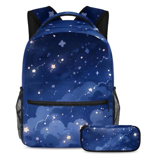 Müheloser Stil, Rucksack mit Federmäppchen, trendiges 2-teiliges Kinder-Schultaschen-Set für Jungen, Mädchen, Teenager, weißer Sternenhimmel, mehrfarbig, B：29.4x20x40cm P：19x7.5x3.8cm, Tagesrucksäcke von Generisch