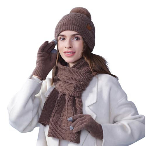 Generisch Damen Winter-Accessoires-Set: Mütze, Schal, Handschuhe - Einheitsgröße, Braun, Fringed, Einfarbig, 4 Stück, Wärmedämmend, Herbst, Winter von Generisch