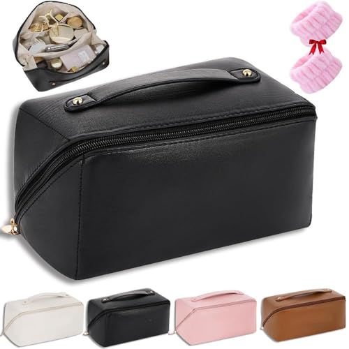 Multi-Compartment Toiletry Cosmetics Bag,PU Leather Waterproof Travel Toiletry Bag,Travel Makeup Bag for Women,Makeup Organizer with Multiple Pockets (Black) von Generisch