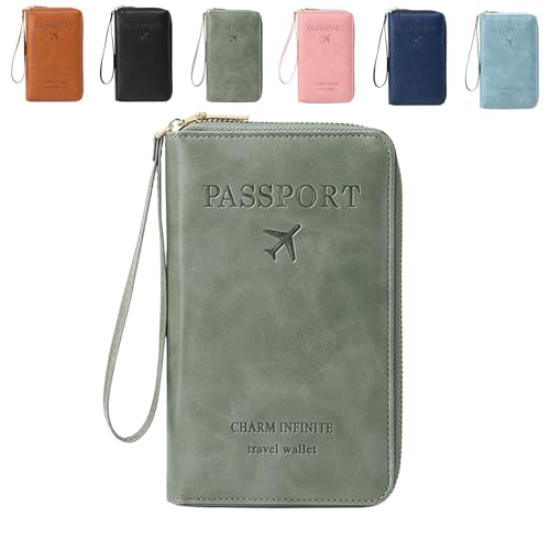 Multi-Functional RFID Passport Wallet, Family RFID Passport Holder for Travel, Secure ID Card Organizer with Anti-Theft Protection, Slim Leather Travel Wallet for Women Men (Green) von Generisch