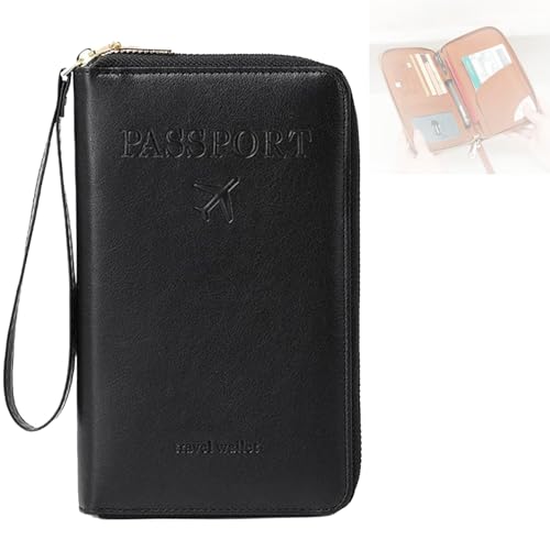 Multi-Functional RFID Passport Wallet, Leather RFID Blocking Passport Holder with Zipper, Passport Holder for Travel, Anti-Theft Protective Case Travel Wallet for Women Men (Black) von Generisch