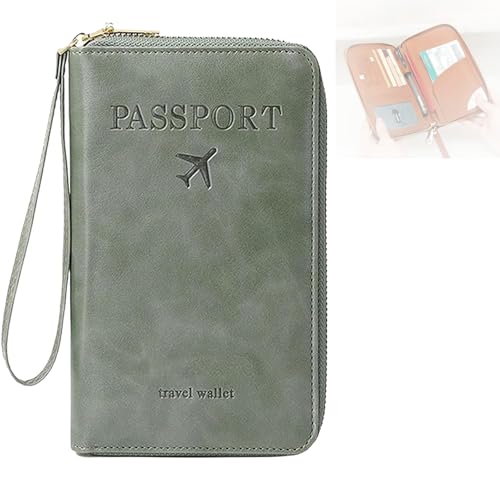Multi-Functional RFID Passport Wallet, Leather RFID Blocking Passport Holder with Zipper, Passport Holder for Travel, Anti-Theft Protective Case Travel Wallet for Women Men (Green) von Generisch