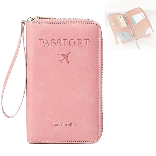 Multi-Functional RFID Passport Wallet, Leather RFID Blocking Passport Holder with Zipper, Passport Holder for Travel, Anti-Theft Protective Case Travel Wallet for Women Men (Pink) von Generisch