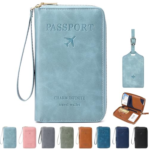 Multi-Functional RFID Passport Wallet, RFID Passport Wallet with Zipper, Passport Holder Wallet Credit Cards Case Holder for Women Men (Light Blue) von Generisch