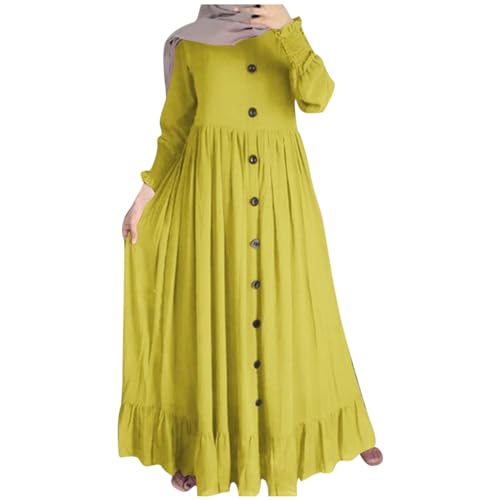 Muslimisch Kleider Damen Langarm Islamische Abaya Einfarbig Dubai Türkisches Muslimische Robe Frauen Festlich Muslim Kleidung Baumwolle und Leinen Dress Gebetskleid von Generisch
