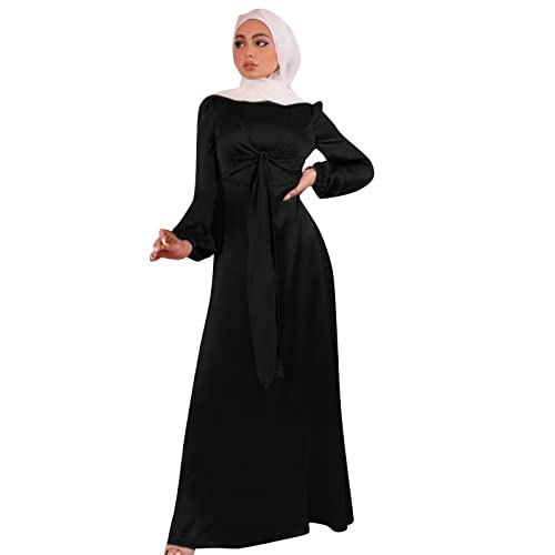 Muslimische Kleid Damen Langarm Elegante Satin Maxikleid Abaya Burka Ganzkörper Kaftan Ramadan Gebetskleid Ramadan Festliche Kleider Frauen Gebetskleidung mit Gürtel Naher Osten Tunikakleider von Generisch