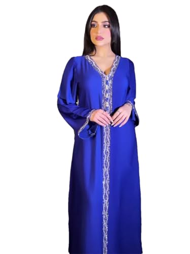 Muslimisches Kleid für Damen, einfarbig, Strass, marokkanischer Kaftan, V-Ausschnitt, langes Kleid, Dubai, türkische Abaya, Blue Abaya, L von Generisch