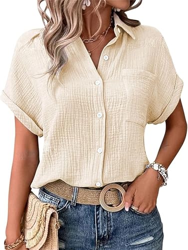 Musselin Bluse Damen, Musselin Bluse Damen Elegant Tuniken Sommer V-Ausschnitt Oberteile Kurzarm Leinenbluse Longbluse Oversized Hemdbluse LäSsig Leinen Hemd, L von Generisch