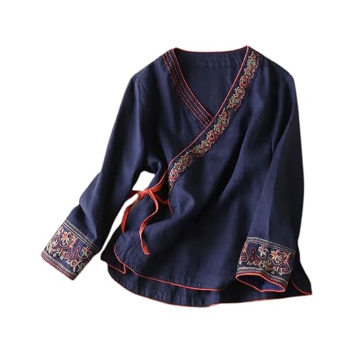 Musselin Bluse Damen Ethnischer Stil Leinenbluse Chinesischer Vintage Damenblusen Longarm Oversize Shirt Damen Oberteile Elegant Schräg Hemdbluse Mit Stickerei Bequem Zen-Kleidung Leicht (2-Navy, M) von Generisch