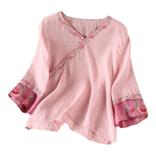 Musselin Bluse Damen Ethnischer Stil Leinenbluse Chinesischer Vintage Damenblusen Longarm Oversize Shirt Damen Oberteile Elegant Schräg Hemdbluse Mit Stickerei Bequem Zen-Kleidung Leicht Tunika (M) von Generisch