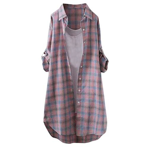 Musselin Bluse Damen Karierte Hemden Oversized Hemdjack Langarmshirt Elegant Hemd Oberteile 3/4 Roll Up Ärmel Hemdbluse Button-Down Blusen Tunika Für Alltag Und Oktoberfest Grün Kaffee Xxxl Xxl Xl von Generisch