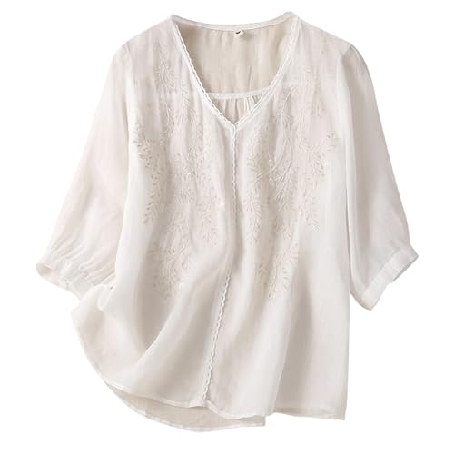 Musselin Bluse Damen Kurzarm Damenblusen 3/4 Arm Stickerei-Leinenbluse Leicht Blusenshirt V-Ausschnitt Festliche Blusen Vintage Tops V-Ausschnitt Longbluse Trachtenblusen Leinenhemd Weisse-Blusen von Generisch